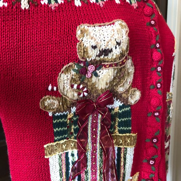 Vintage Tiara Petites Size PM Red Cardigan Sweater 2000 Teddy Bear Fair Isle - Picture 10 of 13